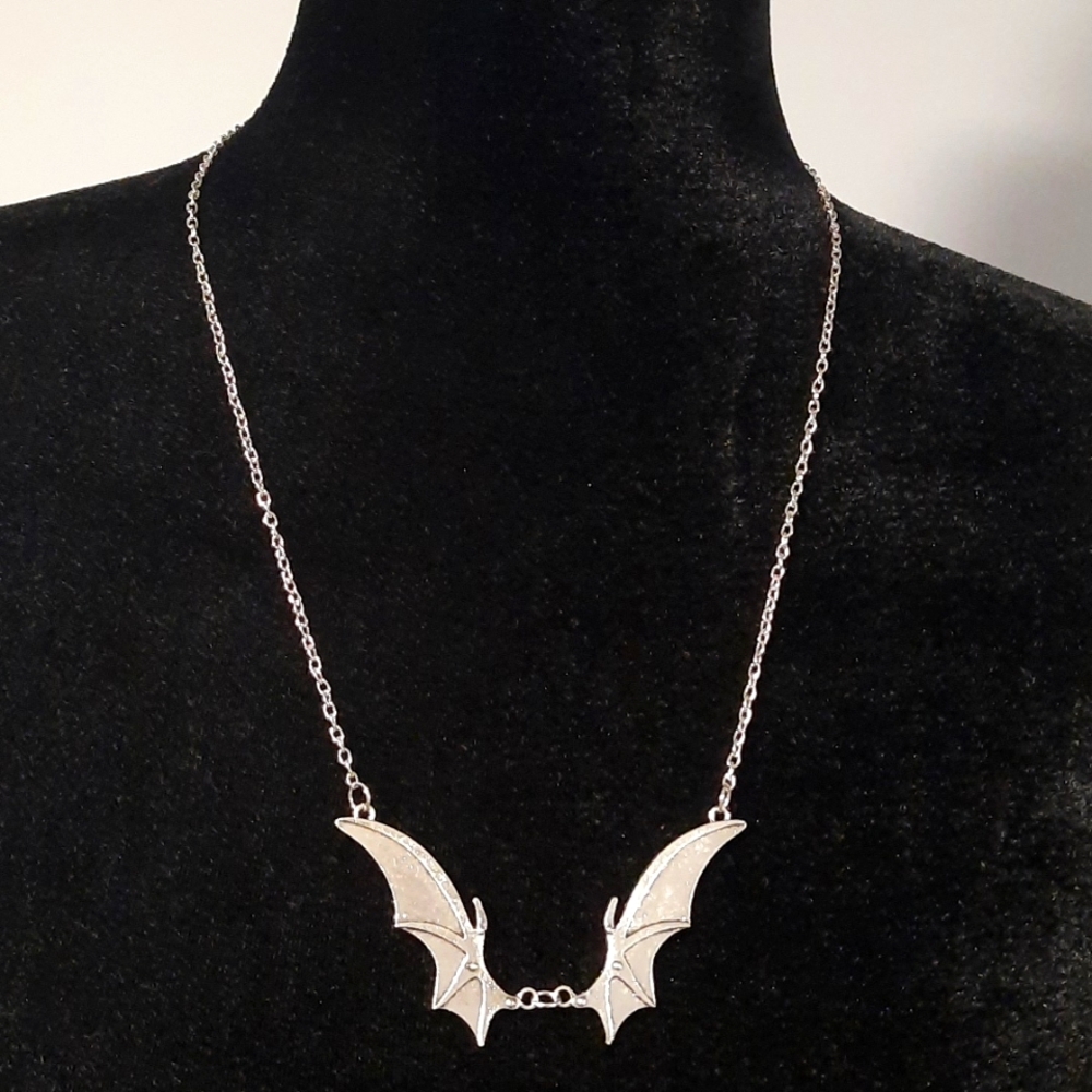Stainless Steel Silver Long Bat Wing Necklace